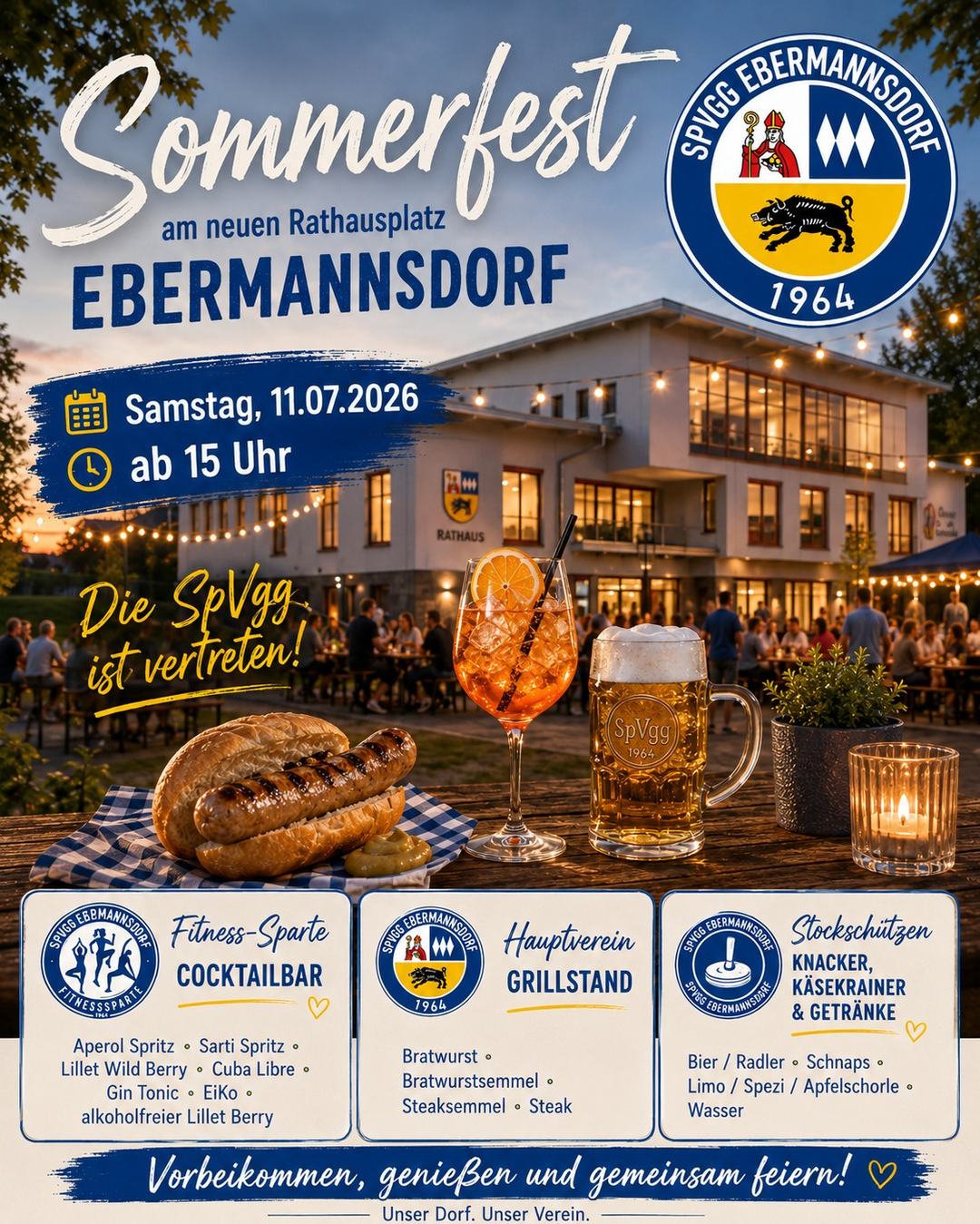 Plakat Sommerfest am neuen Rathausplatz Ebermannsdorf – Samstag 11.07.2026 ab 15 Uhr